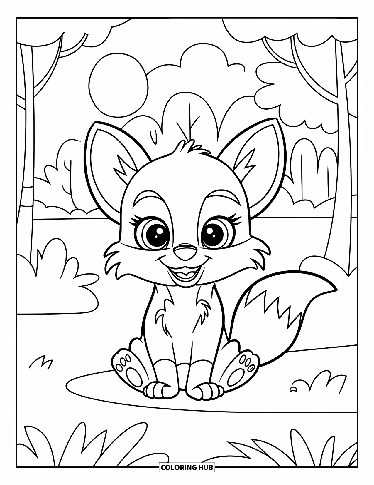 Disegno da colorare di una volpe per bambini: Un cucciolo di volpe seduto in un prato tranquillo, che guarda in su verso il sole