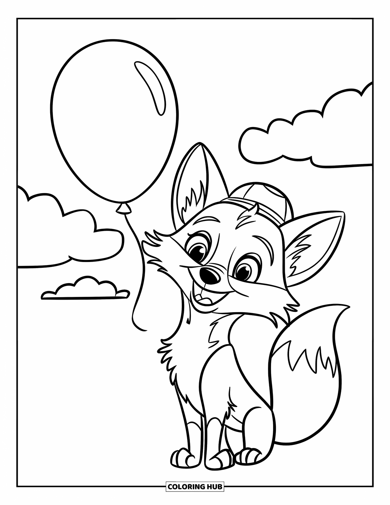 Disegno da colorare di una volpe per bambini: Una volpe allegra che gioca con un palloncino mentre riposa su una nuvola soffice