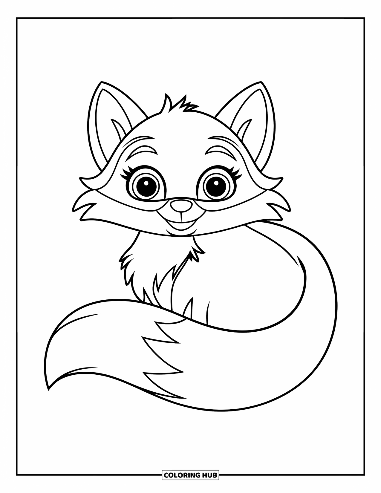 Disegno da colorare di una volpe per bambini: Una testa di volpe carina con una coda soffice avvolta intorno al suo corpo