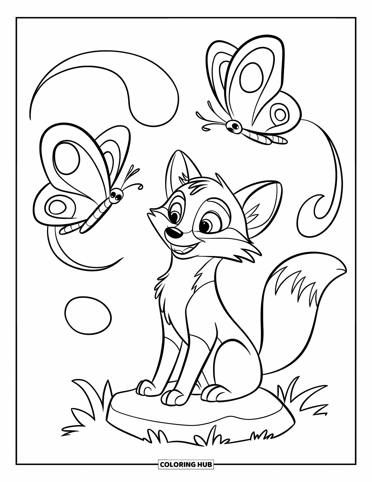 Disegno da colorare di una volpe per bambini: Una volpe e una farfalla che giocano insieme, con la farfalla che vola in cerchio