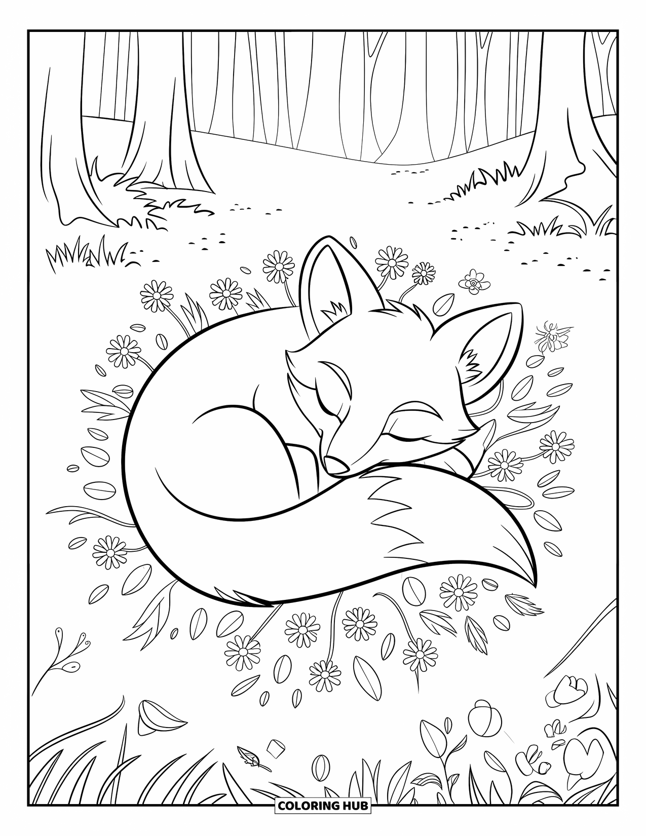 Disegno da colorare di una volpe per bambini: Una volpe raggomitolata, che dorme profondamente tra colorati fiori di campo