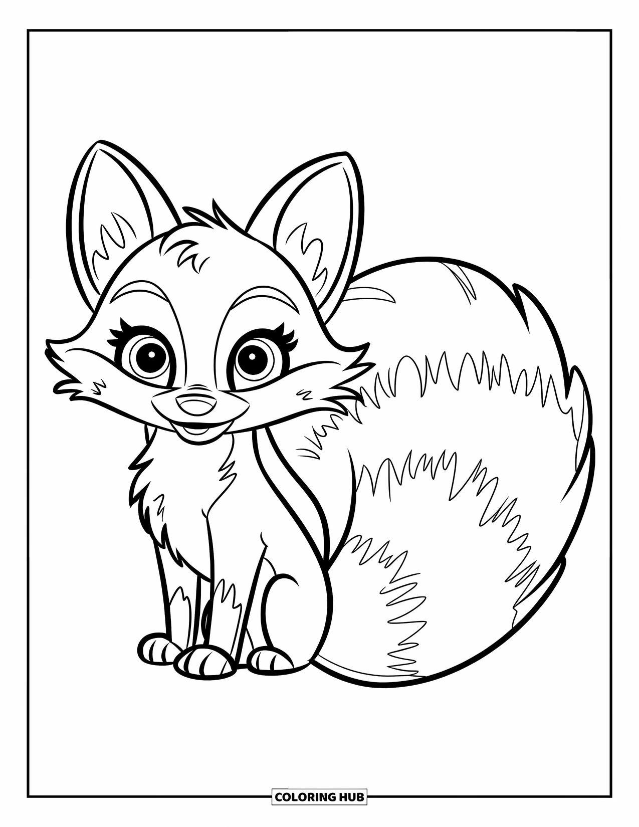 Disegno da colorare di una volpe per bambini: Una volpe che arrotola la sua coda folta intorno a sé, guardando in su con grandi occhi rotondi