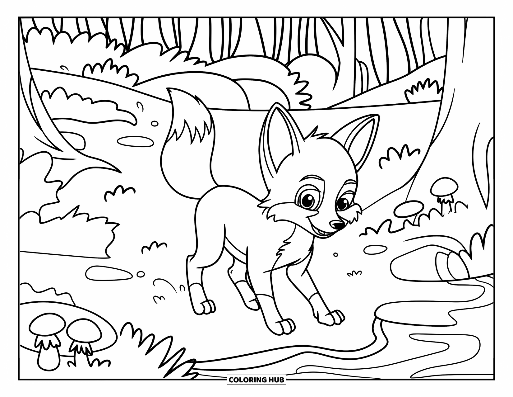 Disegno da colorare di una volpe per bambini: Una volpe che esplora una foresta, camminando sopra i funghi vicino a un piccolo ruscello