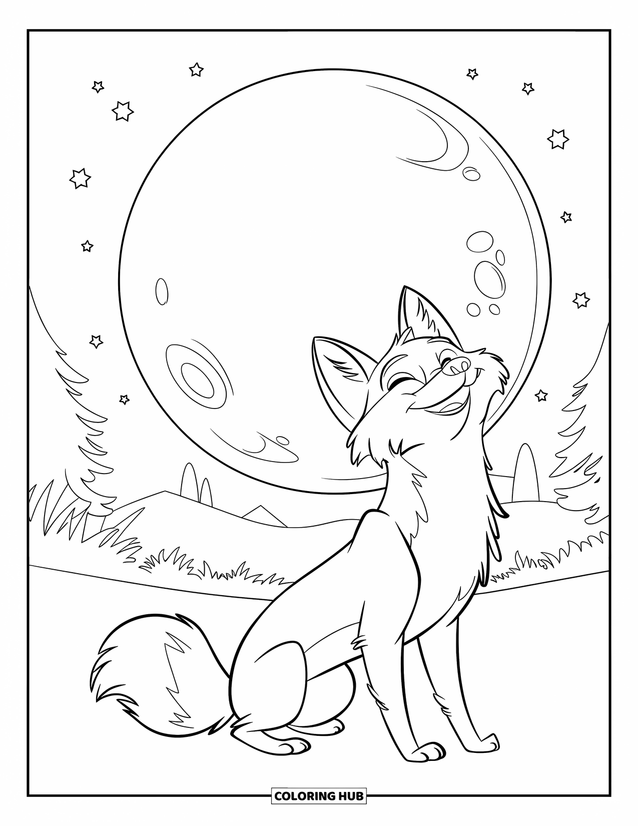 Disegno da colorare di una volpe per bambini: Una volpe che guarda la luna, con la sua pelliccia che brilla sotto la luce soffusa delle stelle