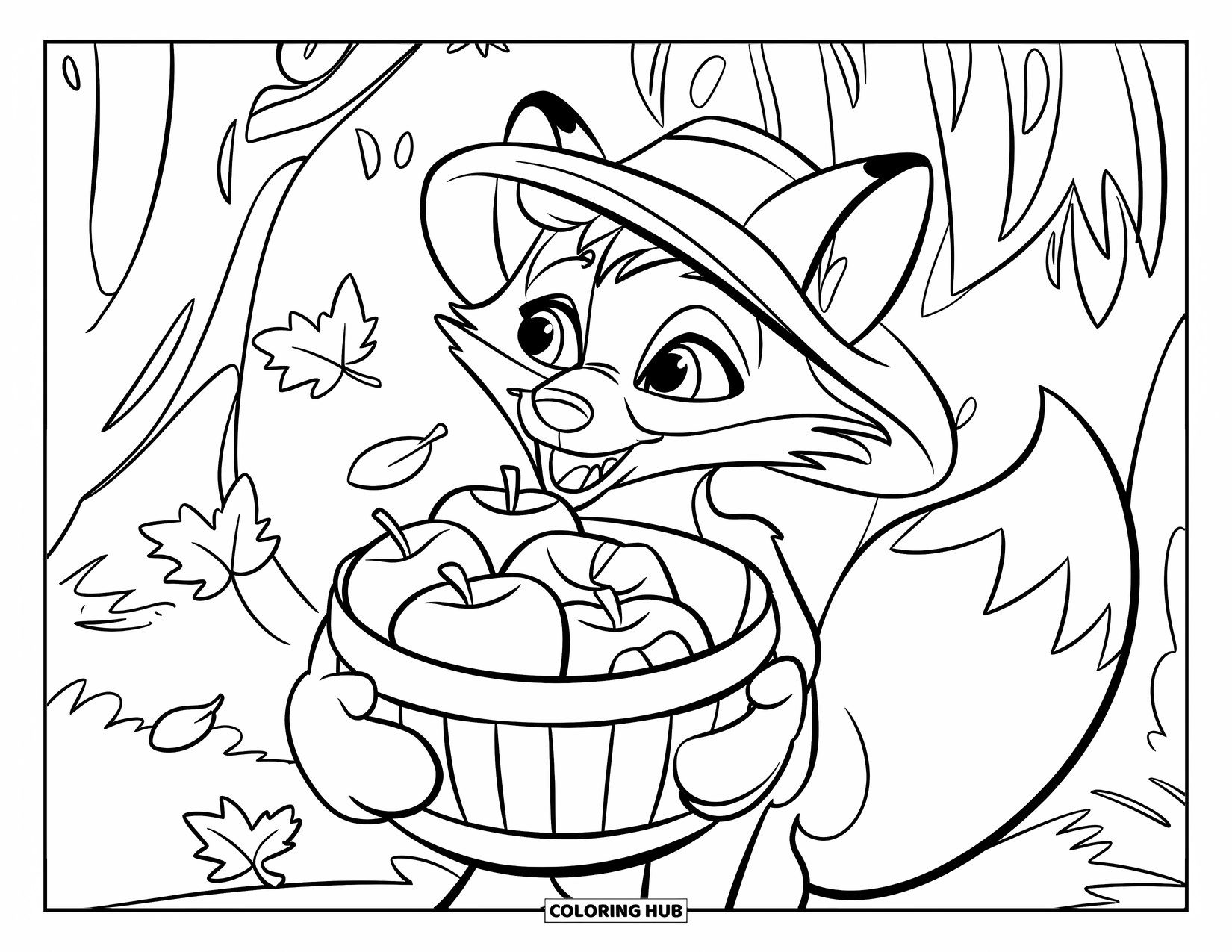 Disegno da colorare di una volpe per bambini: Una volpe che tiene un cesto di mele in un ambiente boschivo