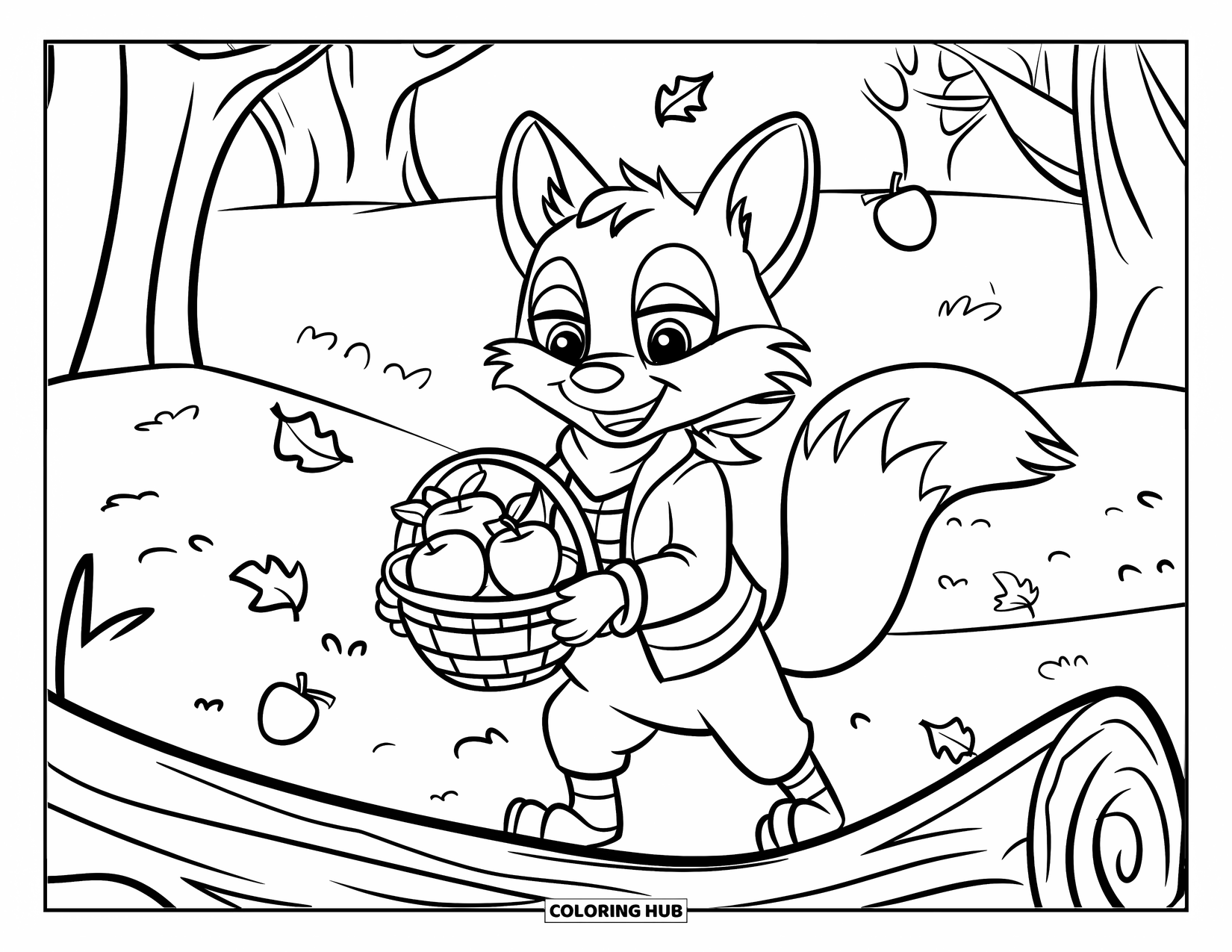 Disegno da colorare di una volpe per bambini: Una volpe nel bosco, che tiene in equilibrio un cesto di mele mentre cadono le foglie