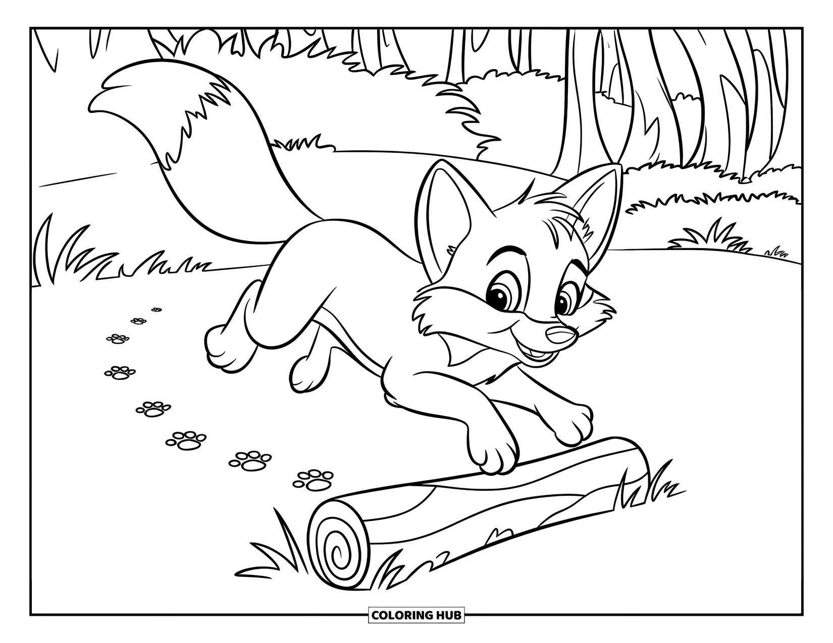 Disegno da colorare di una volpe per bambini: Una volpe che salta gioiosamente sopra un tronco, con la coda alzata in alto per l'eccitazione
