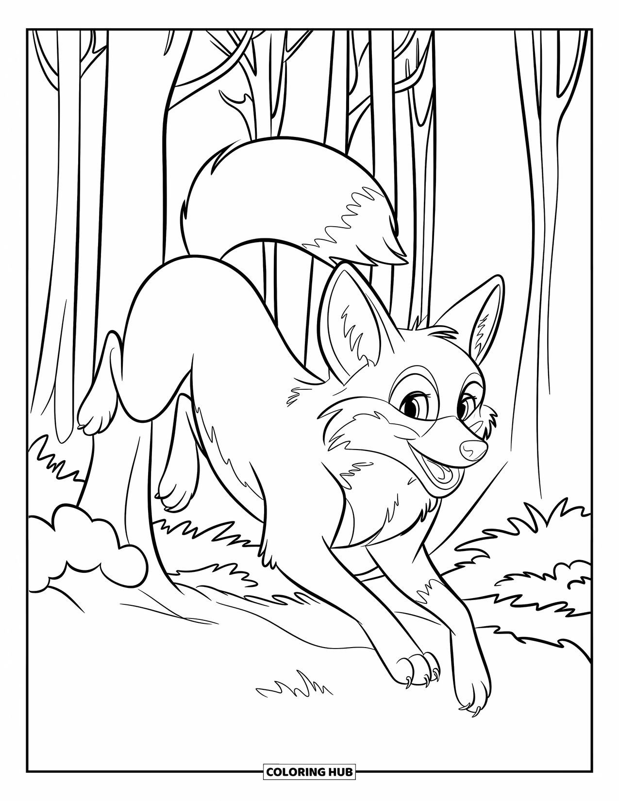 Disegno da colorare di una volpe per bambini: Una volpe che salta tra gli alberi, con le zampe che toccano appena il suolo