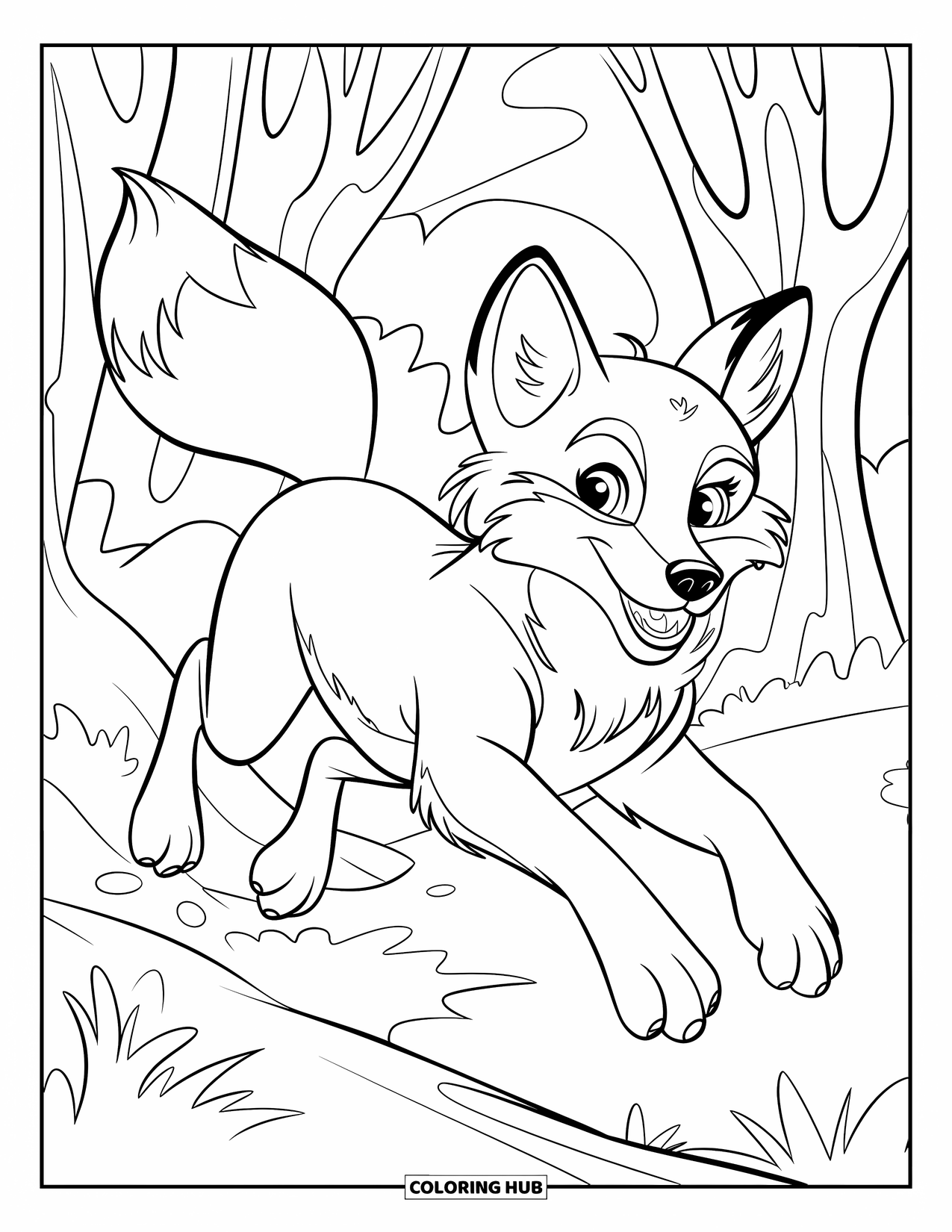 Disegno da colorare di una volpe per bambini: Una volpe che balza attraverso una foresta, con la sua pelliccia che sfiora i rami degli alberi