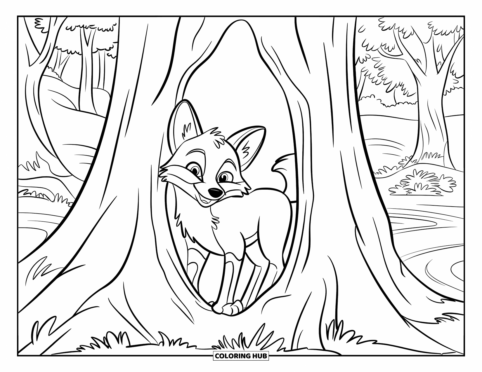 Disegno da colorare di una volpe per bambini: Una volpe che sbircia fuori da un albero cavo, con gli occhi pieni di curiosità