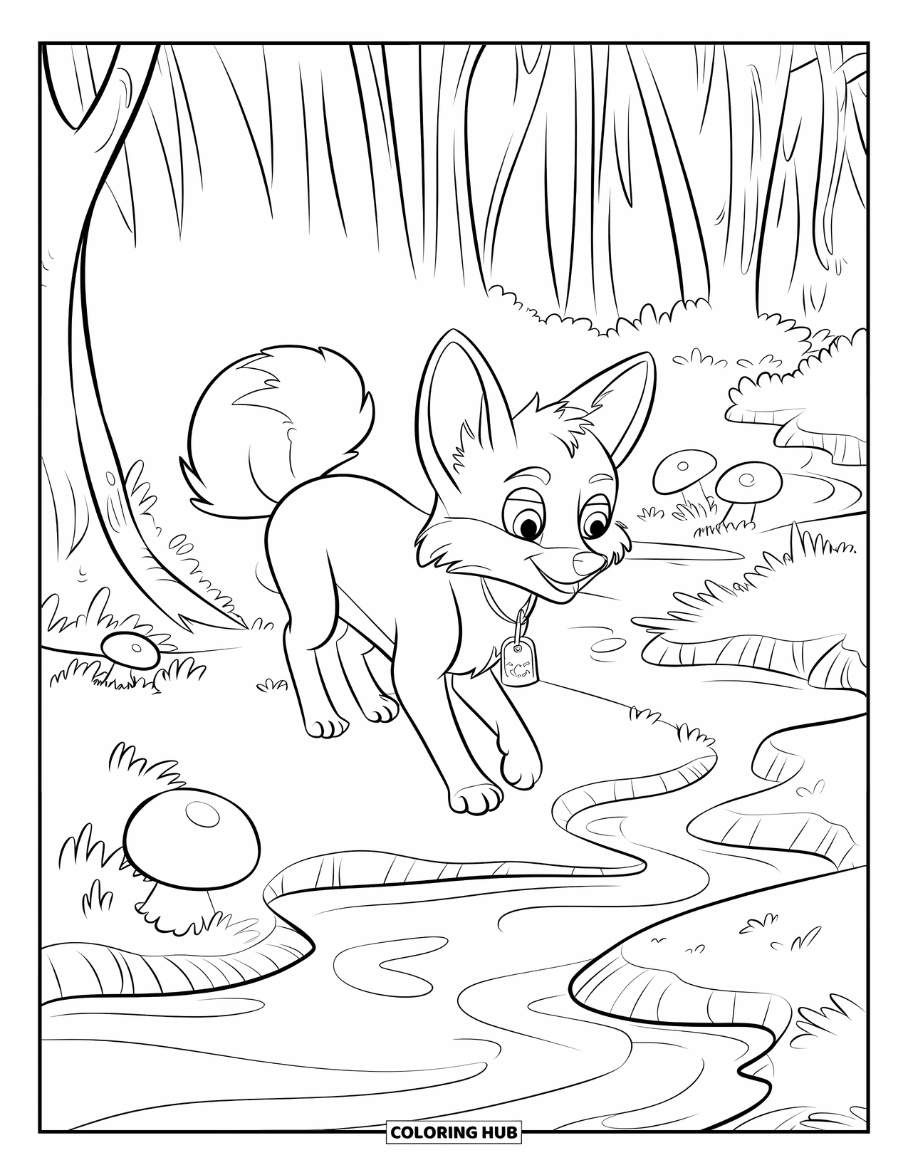 Disegno da colorare di una volpe per bambini: Una volpe che scruta in un piccolo ruscello, osservando l'acqua increspata