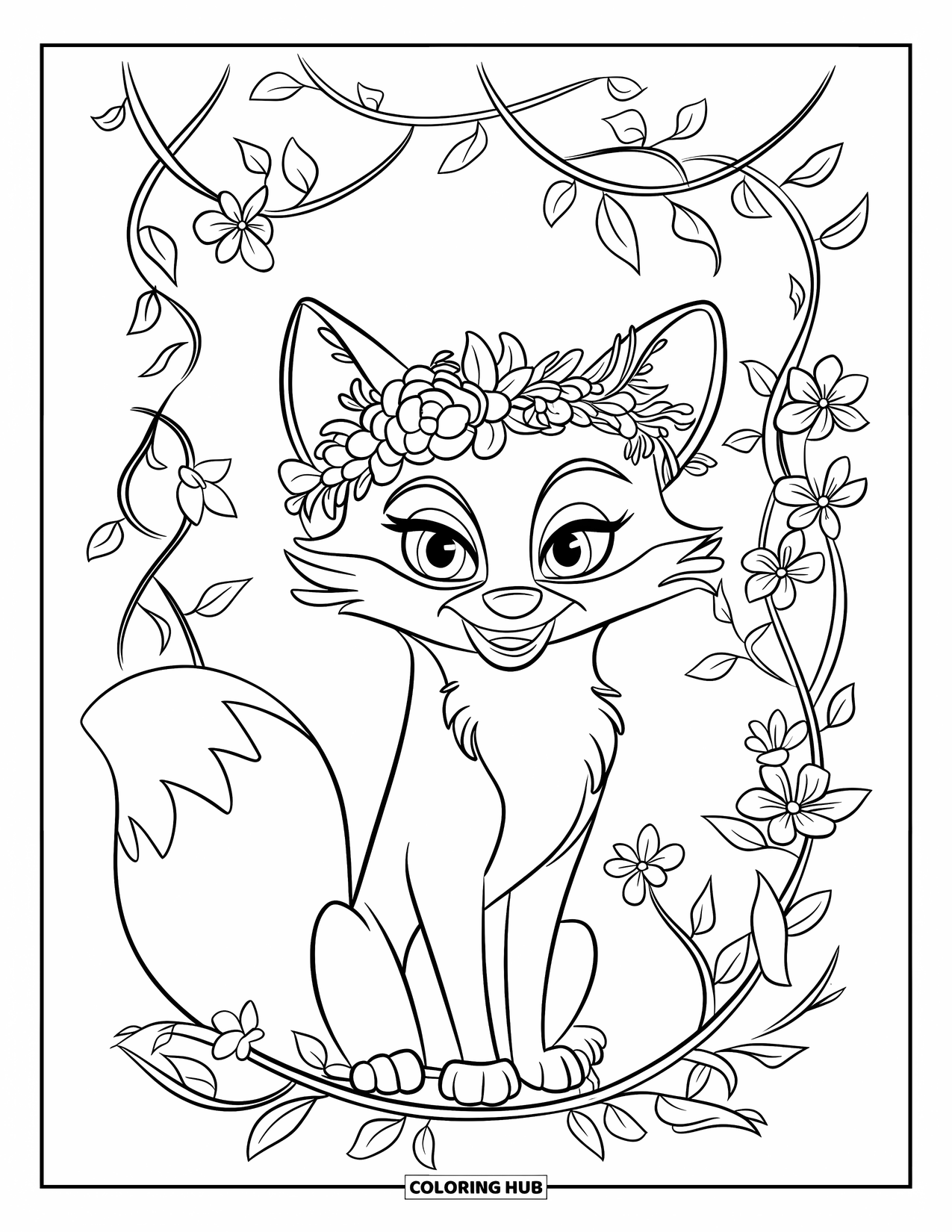 Disegno da colorare di una volpe per bambini: Una volpe che agita giocosamente la coda, circondata da fiori delicati