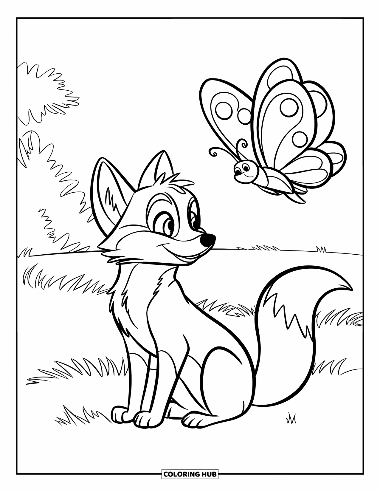 Disegno da colorare di una volpe per bambini: Una volpe che gioca con una farfalla in un prato erboso con alcuni alberi