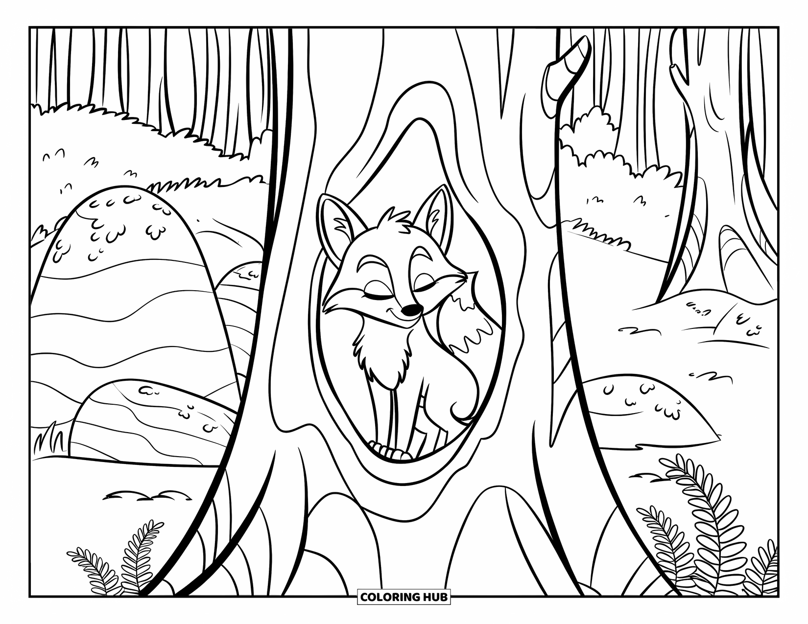 Disegno da colorare di una volpe per bambini: Una volpe che riposa nella cavità di un albero, con la sua coda soffice arrotolata accanto a sé
