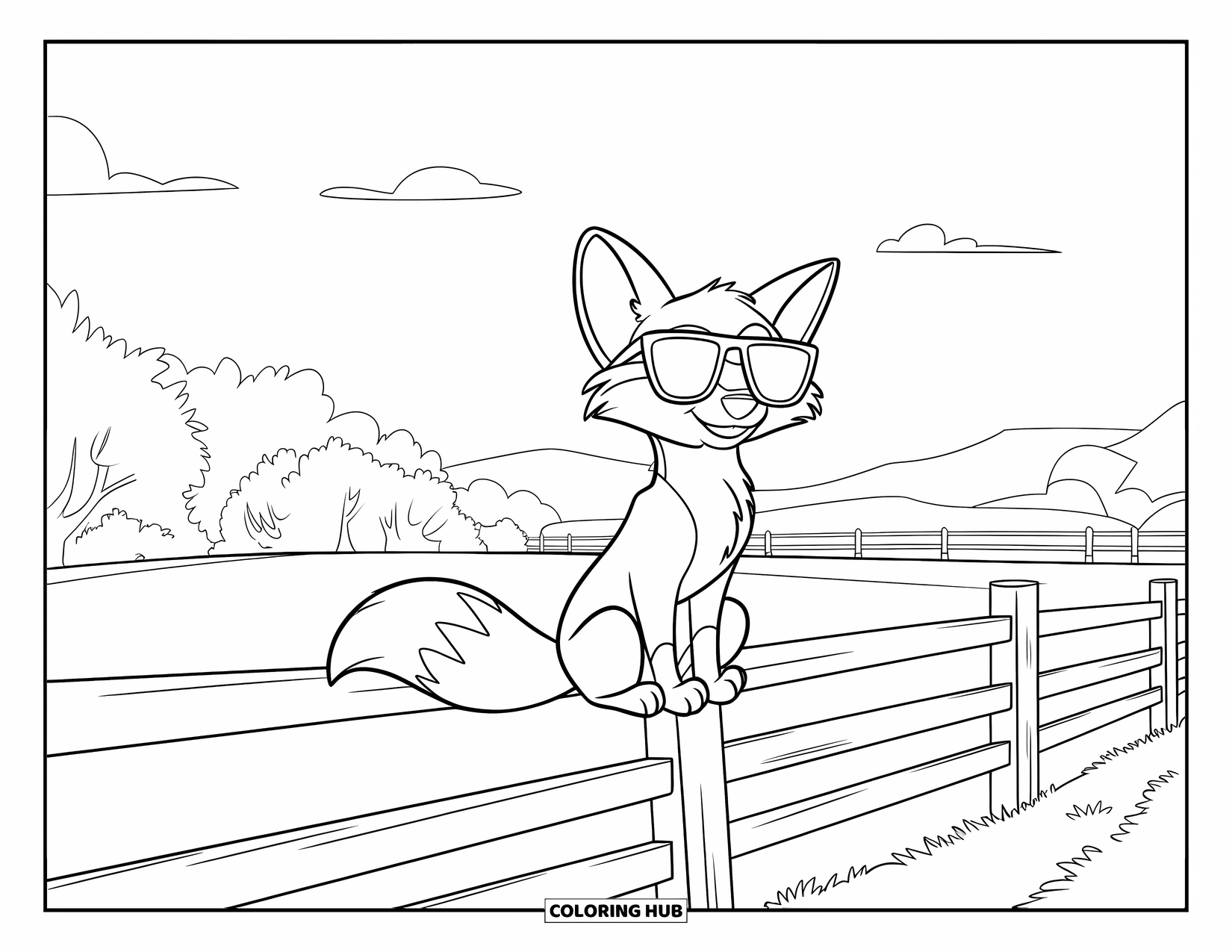 Disegno da colorare di una volpe per bambini: Una volpe che riposa su una staccionata di legno, guardando il tramonto su una fattoria