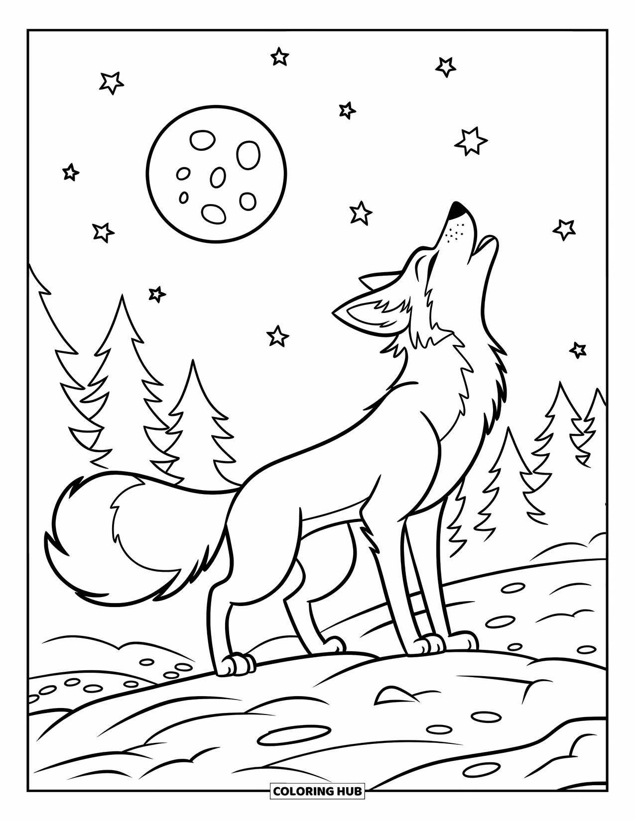 Disegno da colorare di una volpe per bambini: Una volpe in silhouette contro una luna splendente, che ulula nella notte