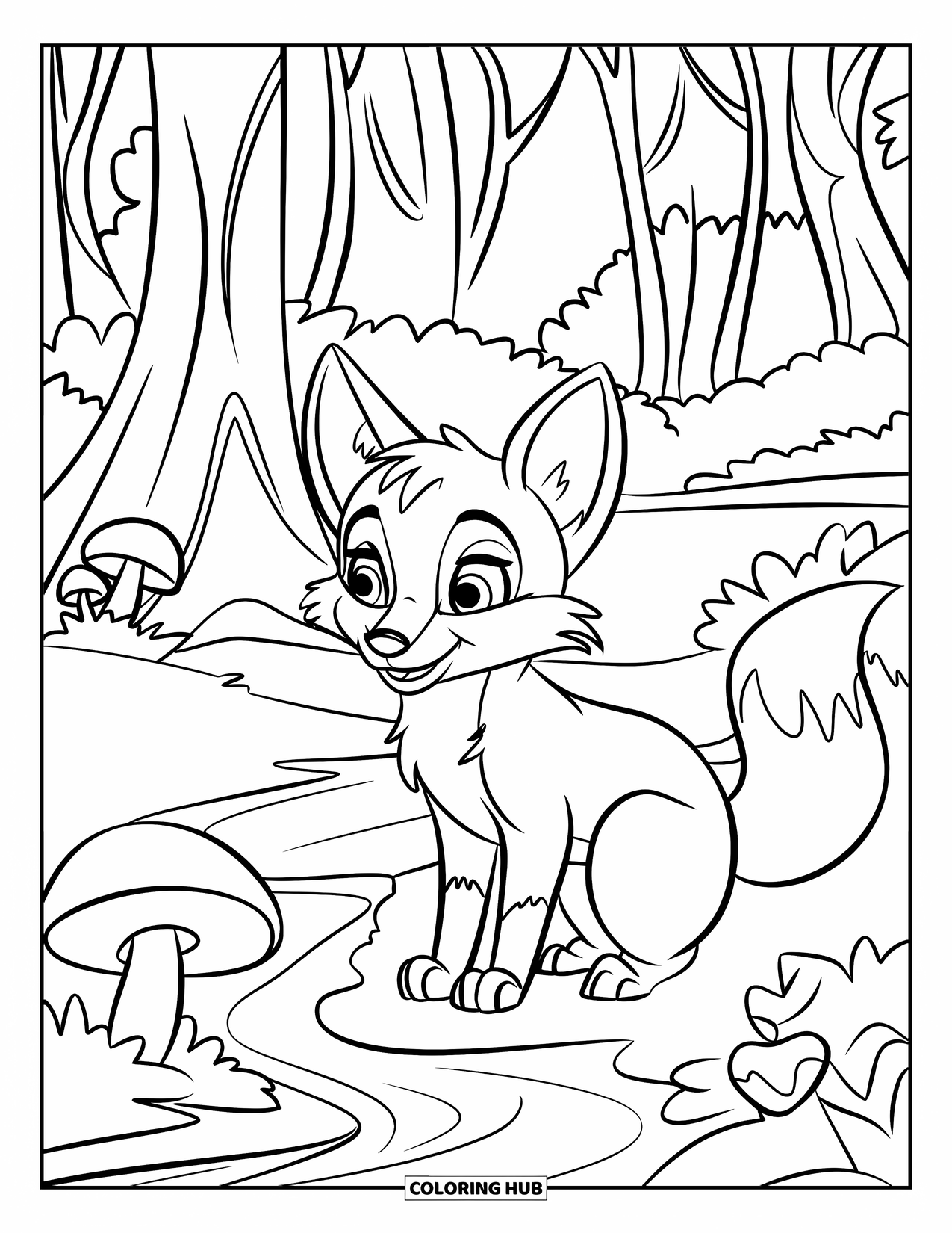 Disegno da colorare di una volpe per bambini: Una volpe seduta vicino a un ruscello, che guarda curiosamente nell'acqua che scorre
