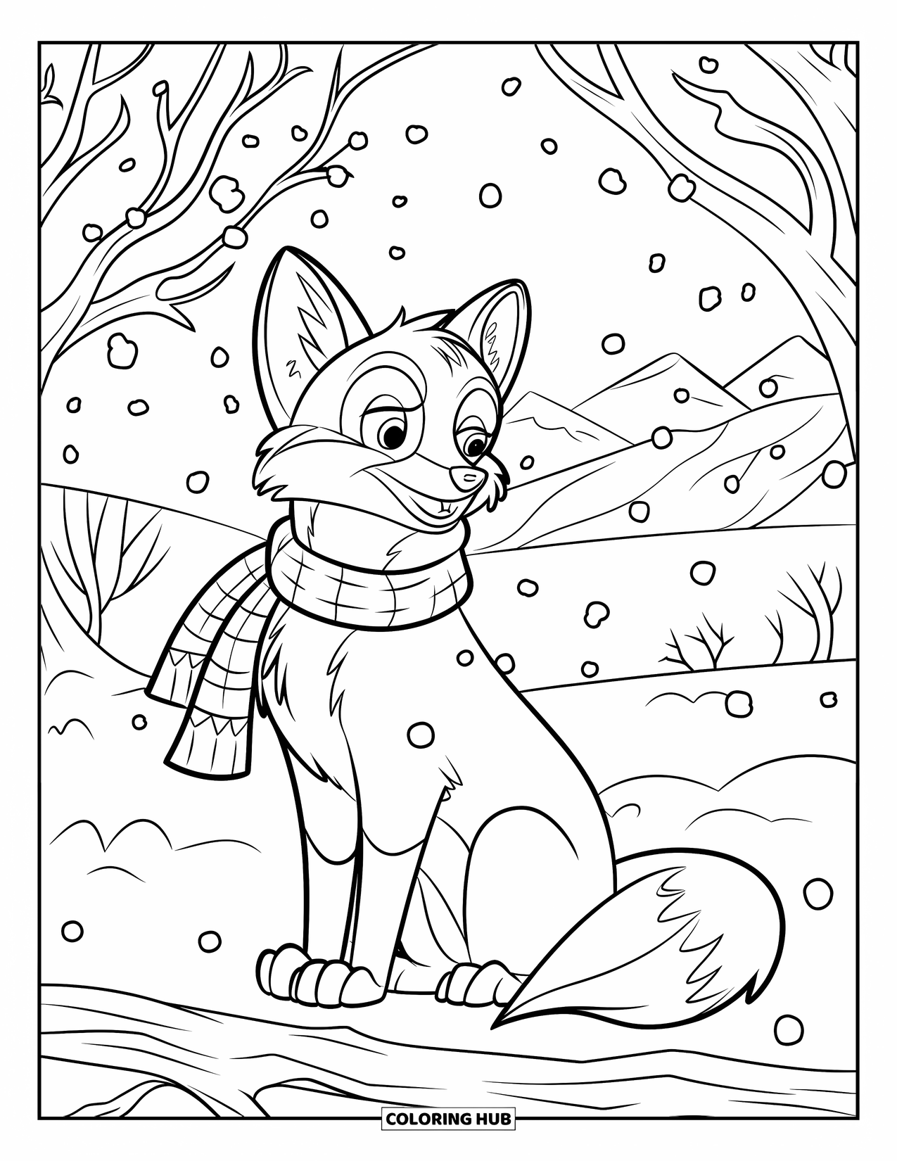Disegno da colorare di una volpe per bambini: Una volpe seduta su una collina innevata, avvolta in una sciarpa mentre cade la neve