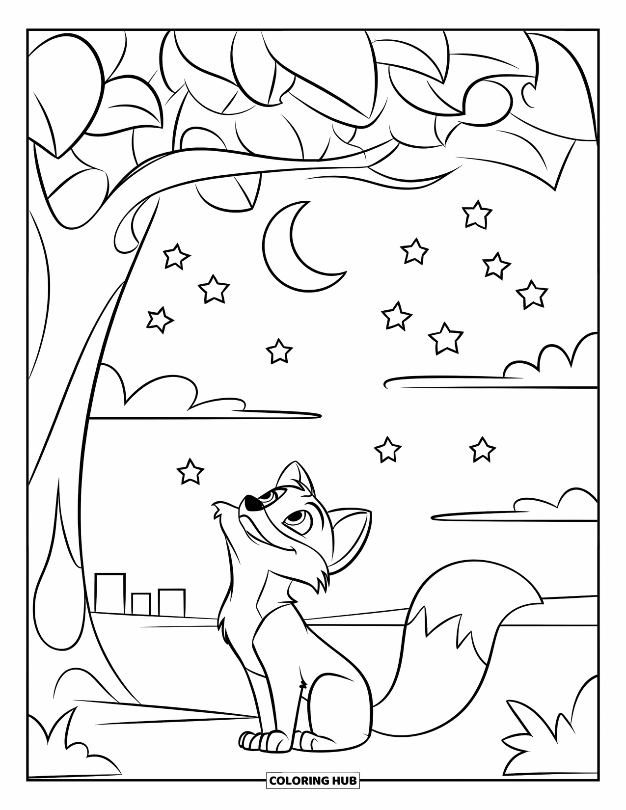 Disegno da colorare di una volpe per bambini: Una volpe seduta sotto un albero, che guarda una luna crescente nel cielo notturno