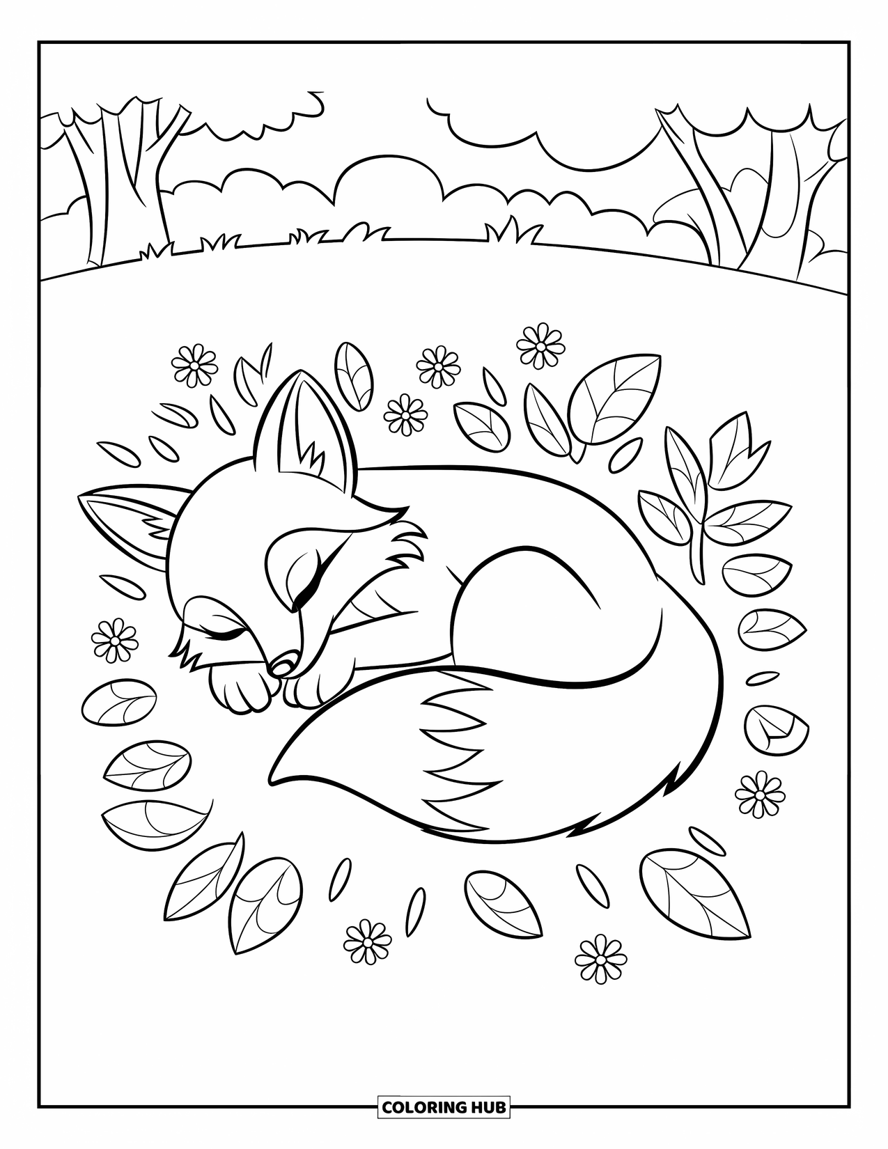 Disegno da colorare di una volpe per bambini: Una volpe addormentata raggomitolata su una distesa di erba soffice, circondata da fiori