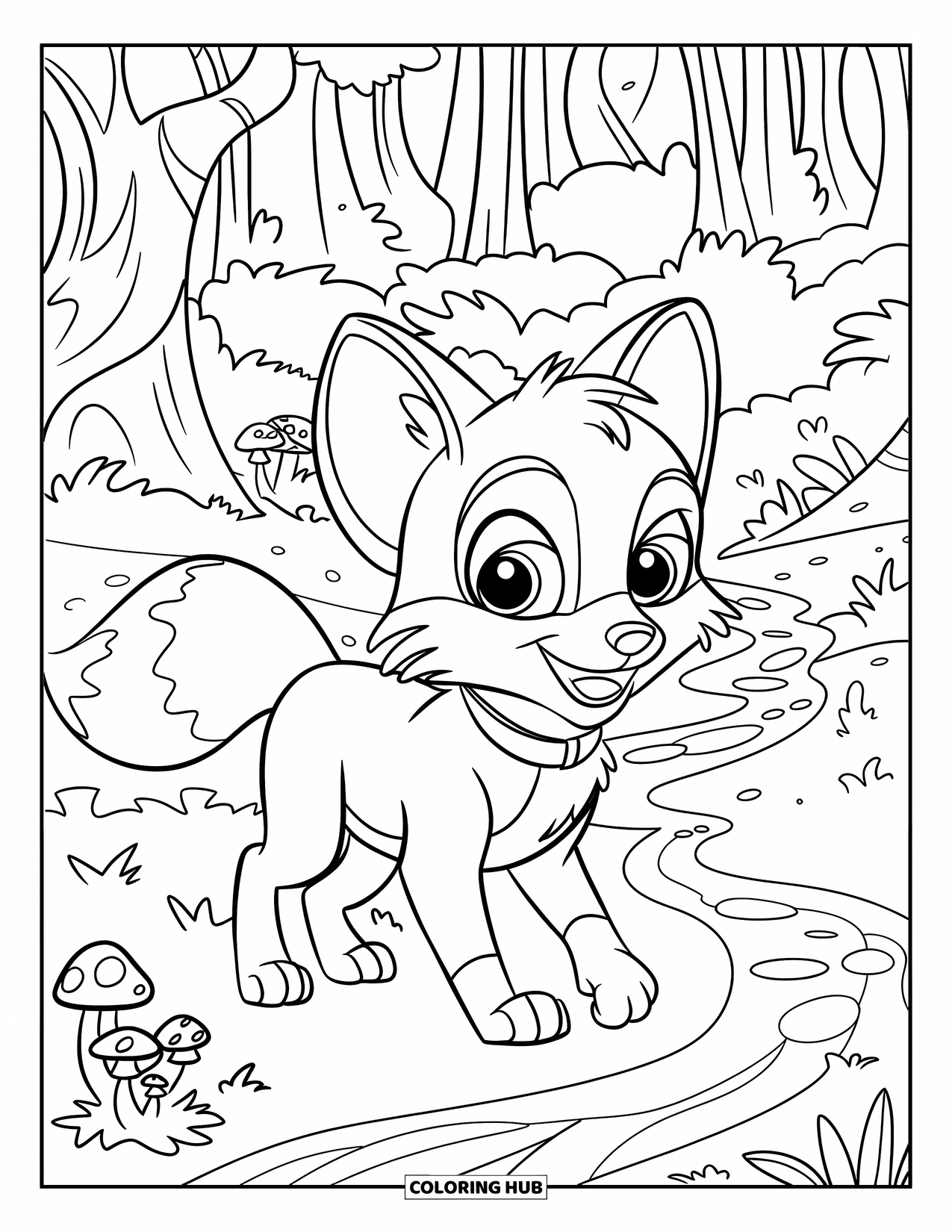 Disegno da colorare di una volpe per bambini: Una volpe che cammina attraverso una foresta, camminando con attenzione sopra una distesa di funghi