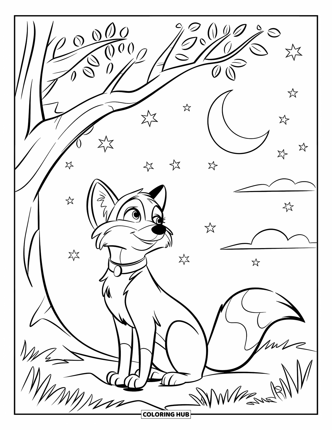Disegno da colorare di una volpe per bambini: Una volpe che guarda la luna da sotto un albero alto, circondata da lucciole