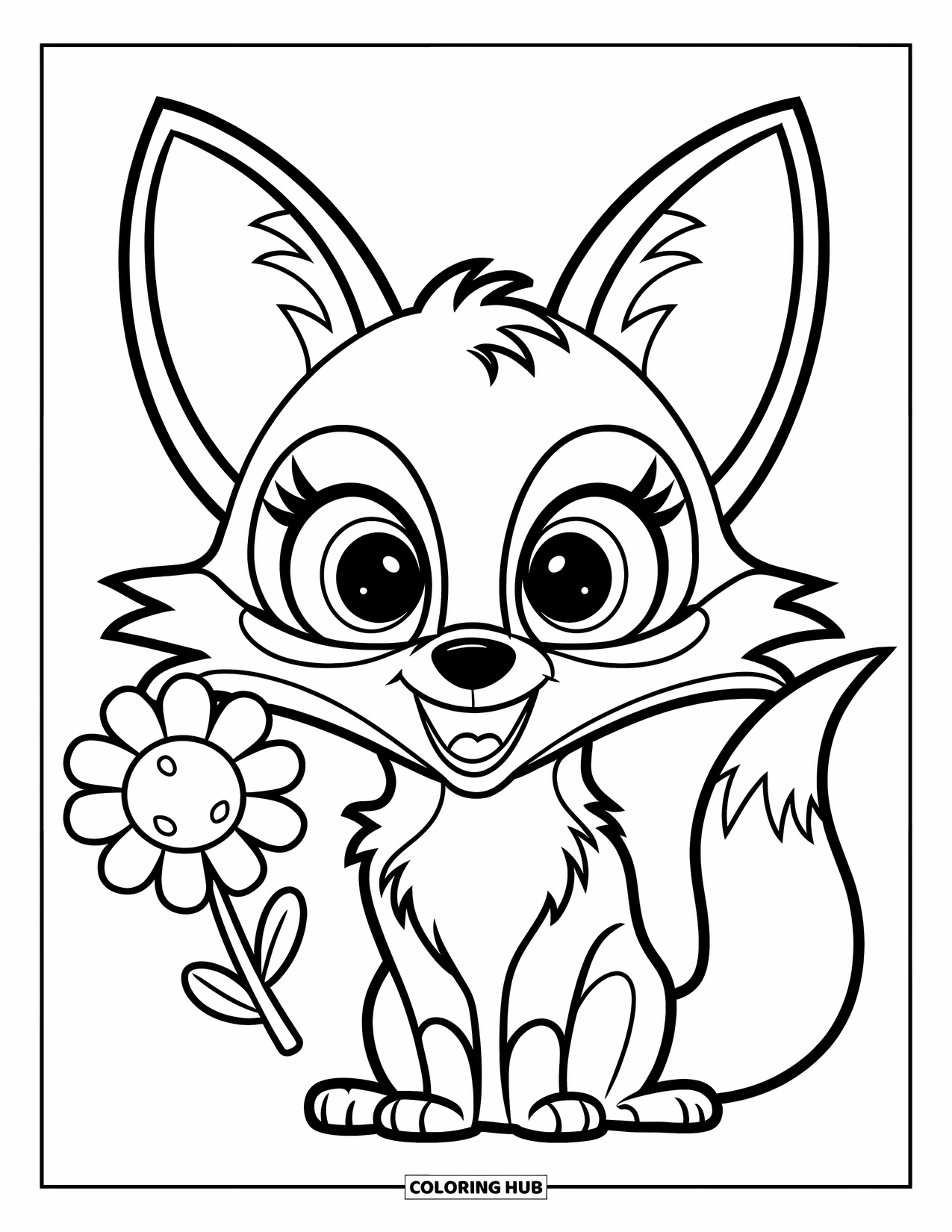 Disegno da colorare di una volpe per bambini: Una volpe con grandi occhi luminosi che tiene un fiore tra le zampe