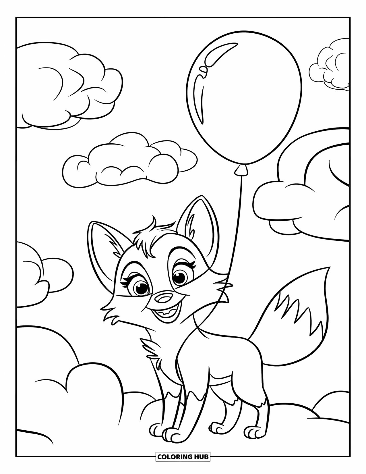 Disegno da colorare di una volpe per bambini: Una volpe felice che tiene un palloncino in bocca, fluttuando tra le nuvole