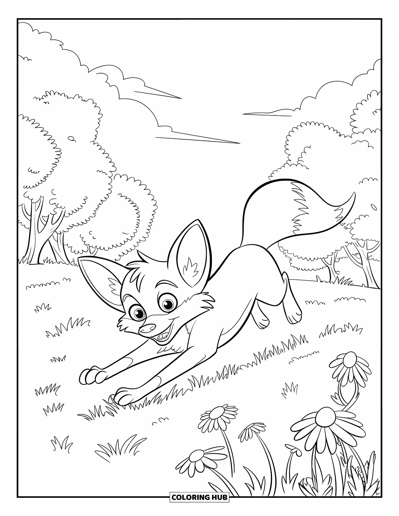 Disegno da colorare di una volpe per bambini: Una volpe gioiosa che gira su se stessa, con la coda che si agita per l'eccitazione