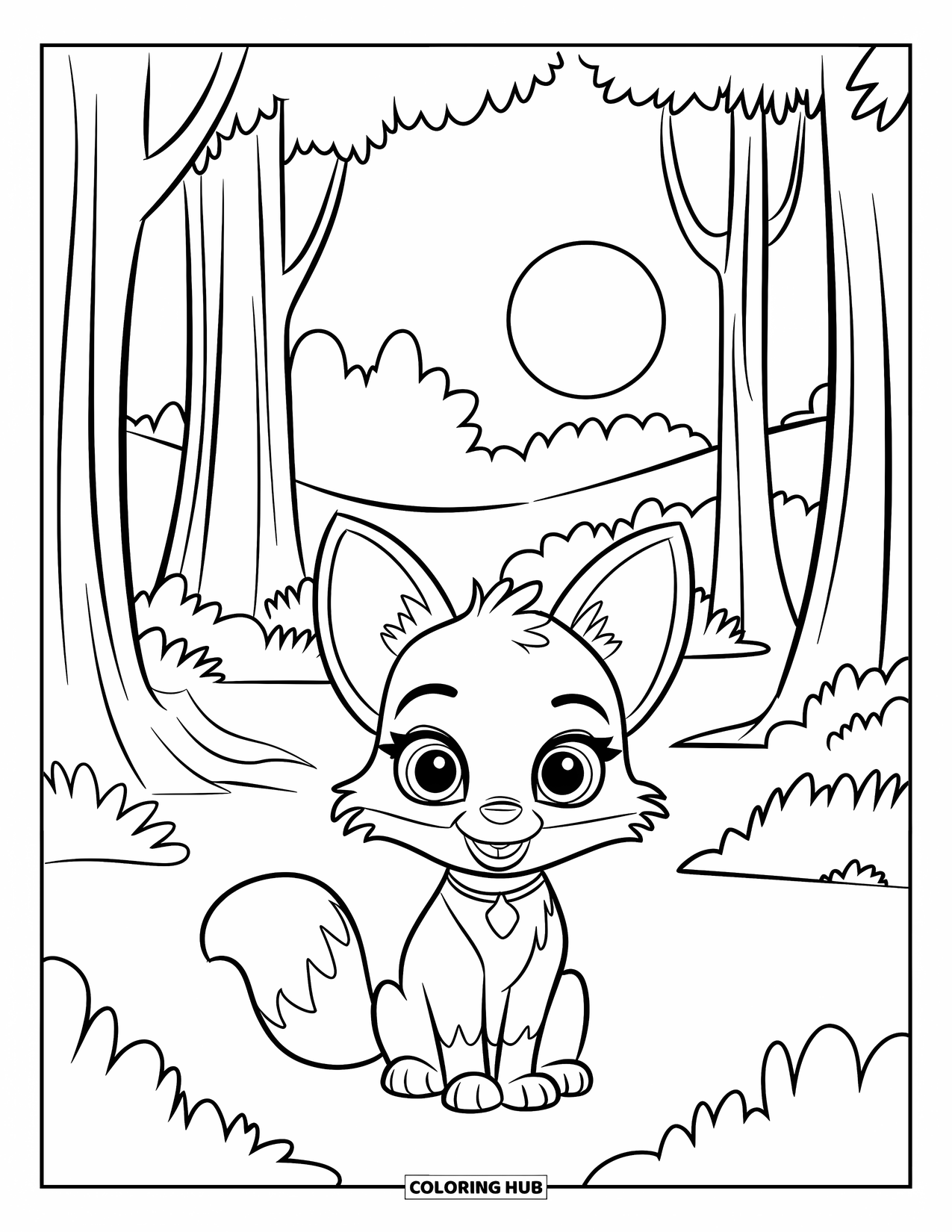 Disegno da colorare di una volpe per bambini: Una piccola volpe seduta sull'erba soffice, circondata da alcuni alberi