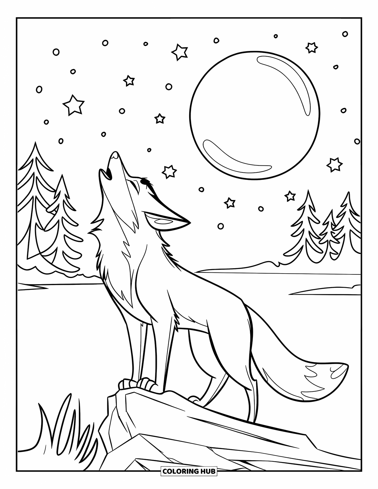 Disegno da colorare di una volpe per bambini: Una volpe solitaria in piedi su una collina, che canta alla luna piena e luminosa