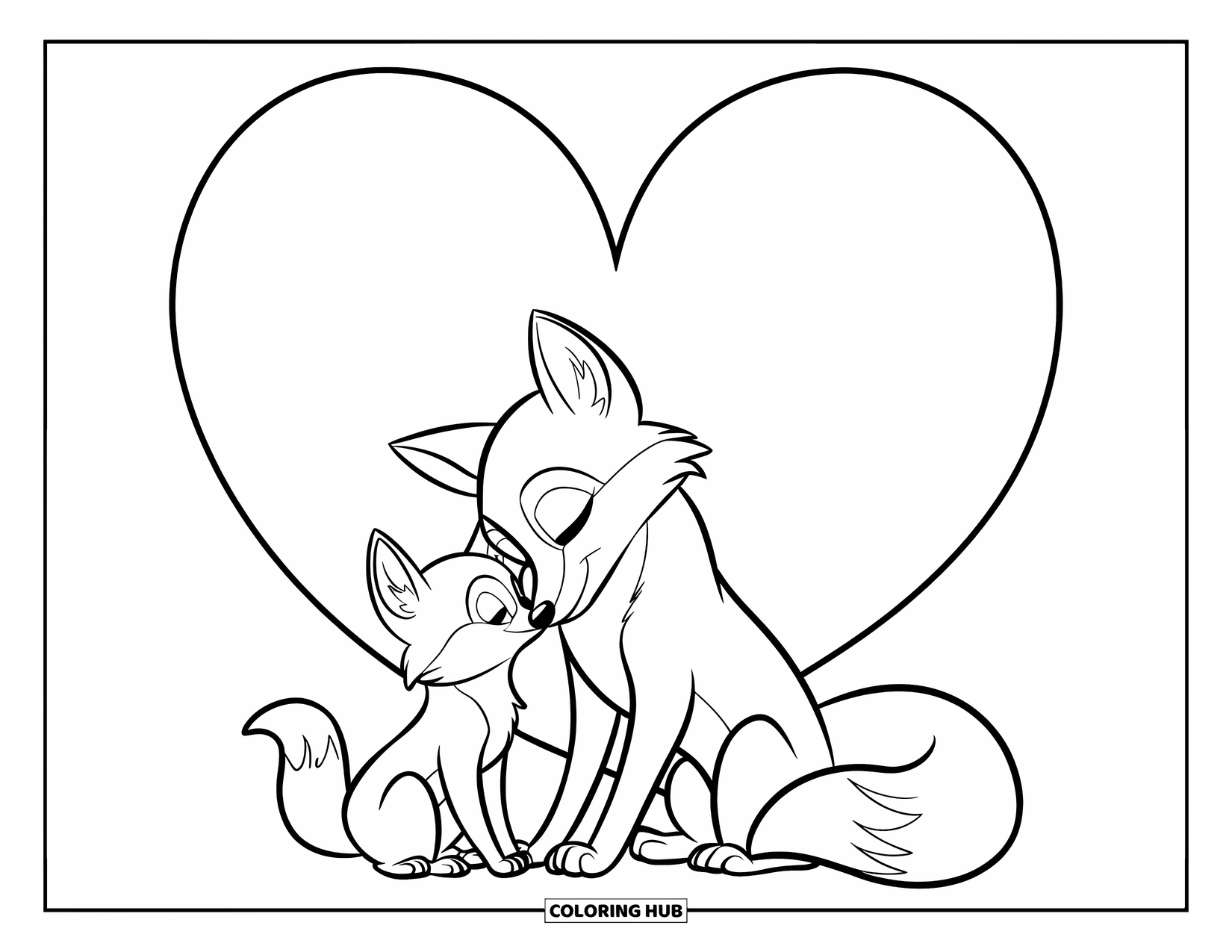 Disegno da colorare di una volpe per bambini: Una madre volpe e il suo cucciolo che condividono un momento d'amore, seduti su una collina erbosa