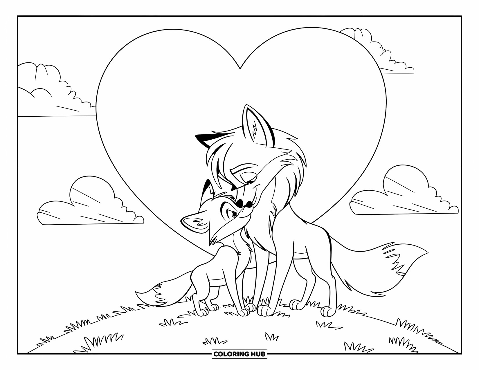 Disegno da colorare di una volpe per bambini: Una madre volpe e il suo cucciolo, in piedi su una collina con nuvole soffici nel cielo