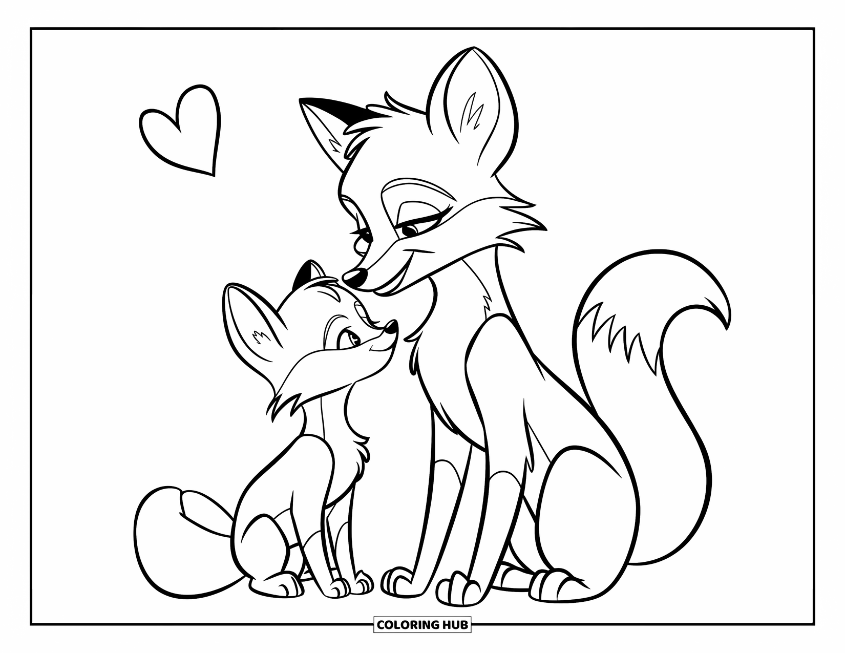 Disegno da colorare di una volpe per bambini: Una madre volpe e il suo cucciolo che si coccolano a vicenda con un cuore sopra di loro