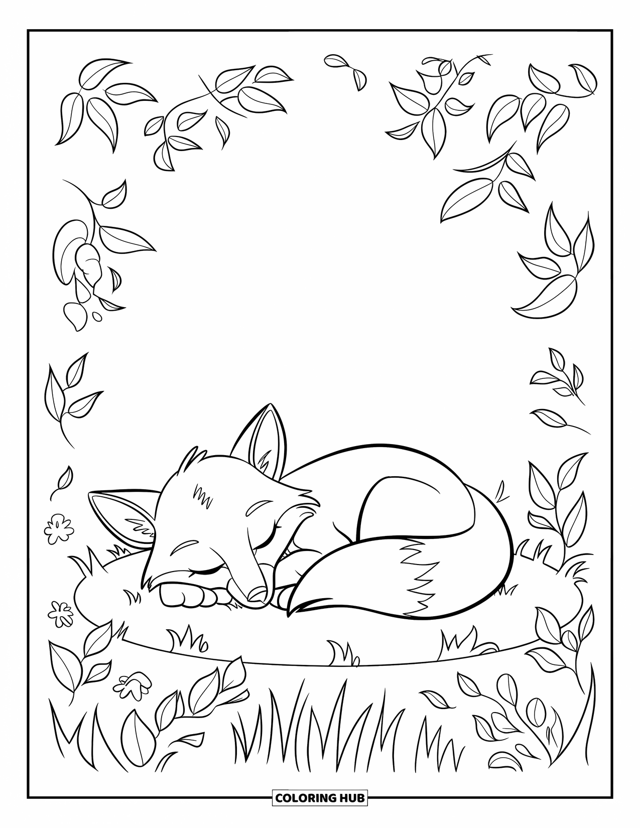 Disegno da colorare di una volpe per bambini: Una volpe pacifica che riposa sull'erba, immersa tra delicati fiori di campo