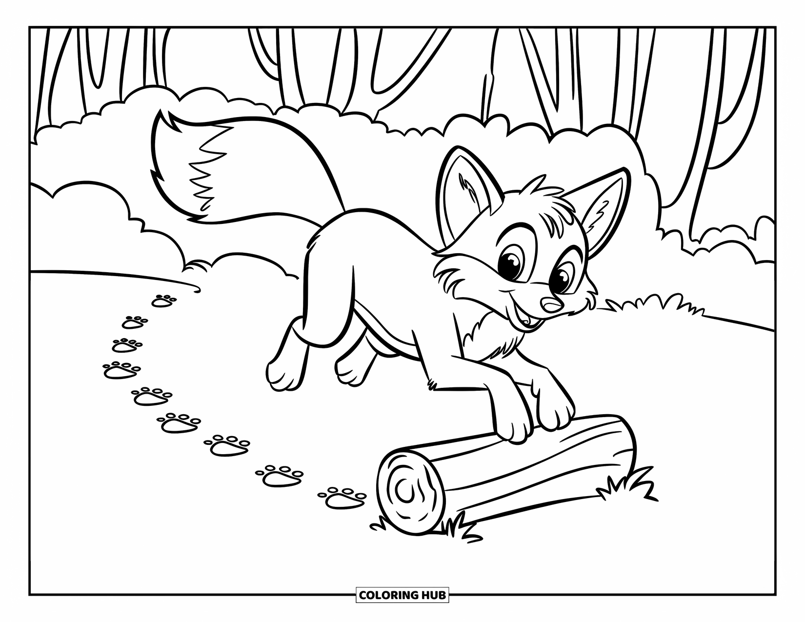 Disegno da colorare di una volpe per bambini: Una volpe giocosa che salta sopra un tronco, lasciando dietro di sé una scia di impronte