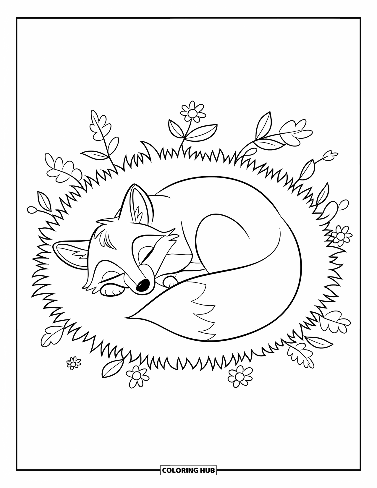 Disegno da colorare di una volpe per bambini: Una volpe addormentata raggomitolata in un prato, con foglie e fiori intorno