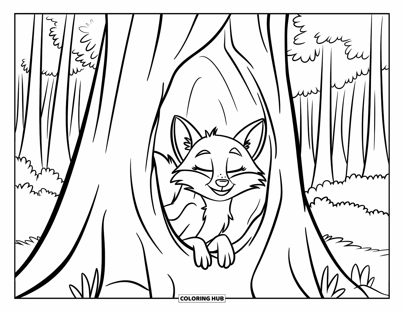 Disegno da colorare di una volpe per bambini: Una volpe assonnata che sbircia da un tronco d'albero, mimetizzandosi nella foresta profonda