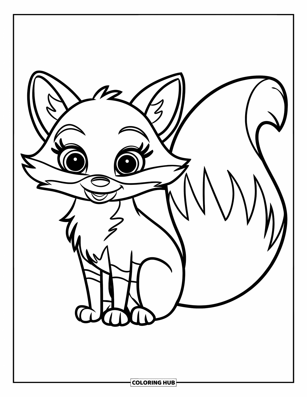 Disegno da colorare di una volpe per bambini: Una volpe dolce con una coda morbida e arricciata e grandi occhi espressivi
