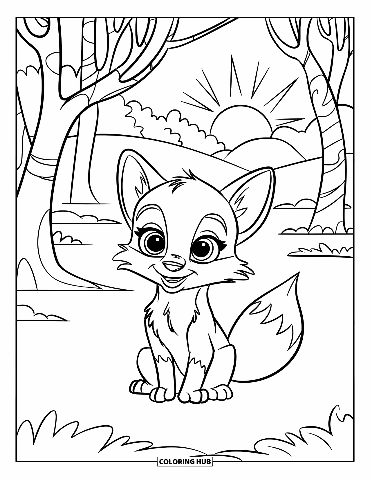Disegno da colorare di una volpe per bambini: Una giovane volpe che riposa in una radura tranquilla nella foresta con un sole caldo sopra la testa