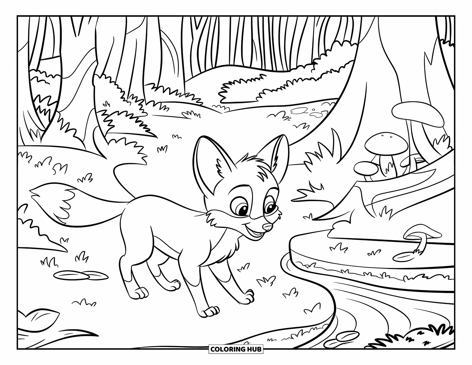 Disegno da colorare di una volpe per bambini: Una giovane volpe che annusa l'aria mentre esplora una foresta fitta e verde