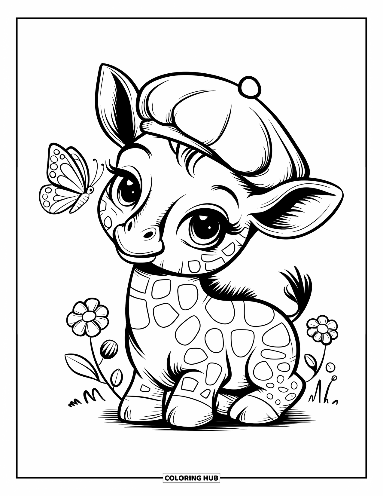 Disegno di giraffa da colorare per adulti: un cucciolo di giraffa con un berretto osserva una piccola farfalla vicino al suo naso, circondato da fiori