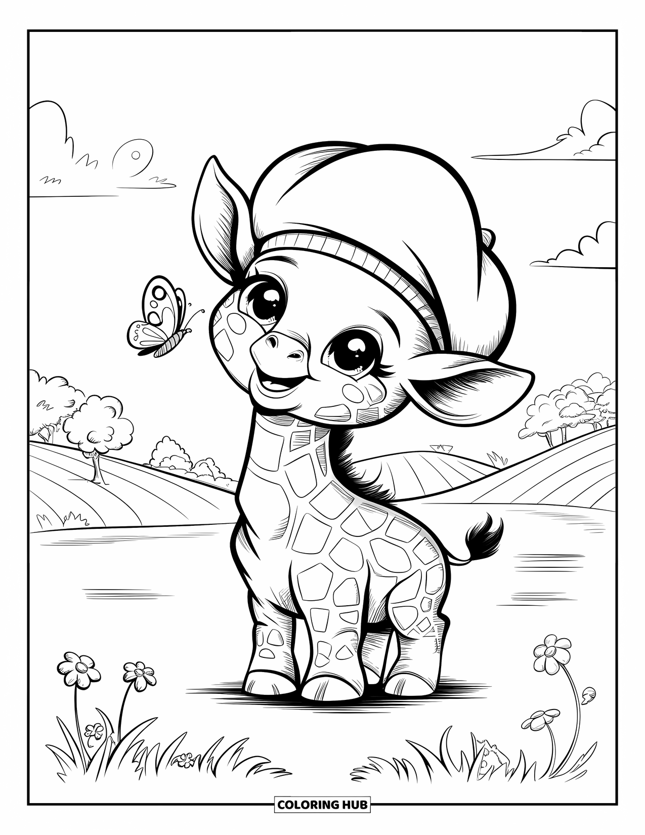 Disegno di giraffa da colorare per adulti: un cucciolo di giraffa che indossa un cappello guarda una farfalla tra piccoli fiori in un prato tranquillo