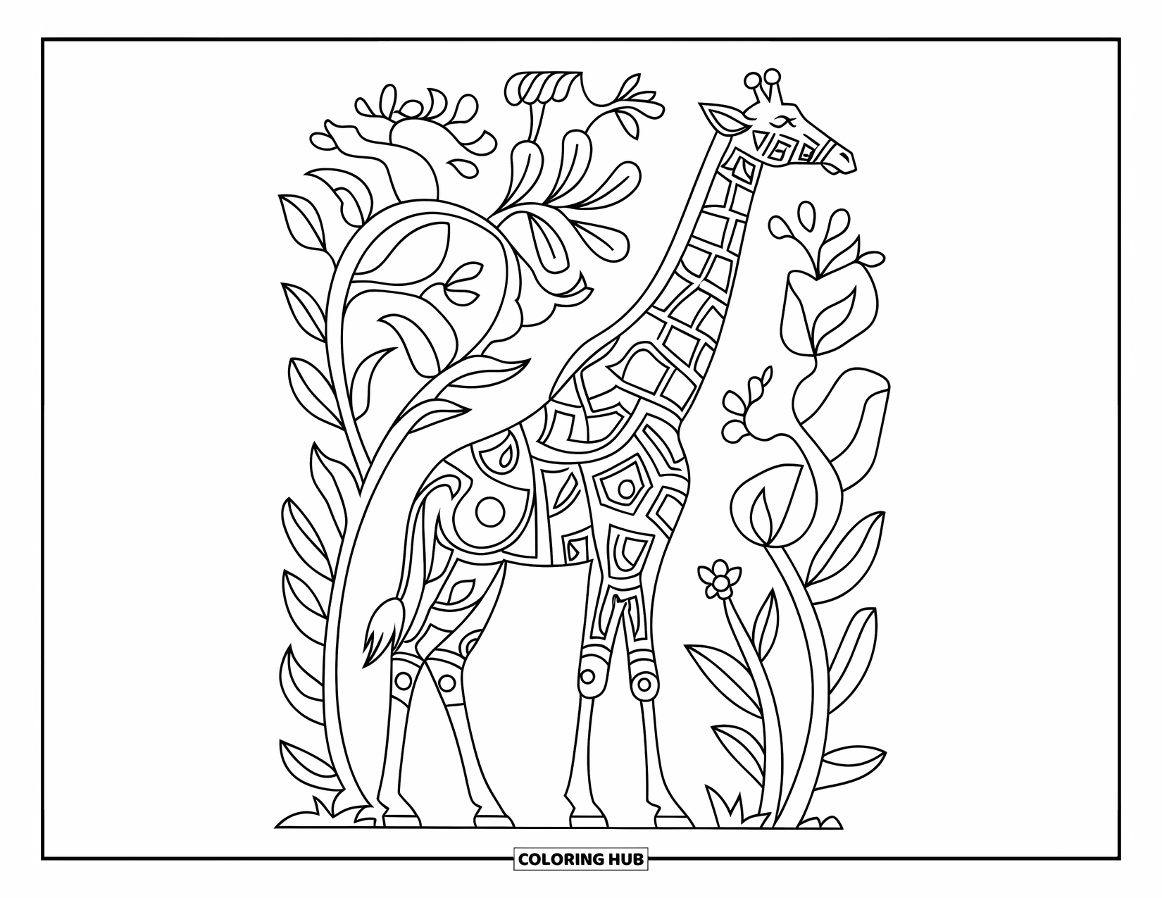 Disegno di giraffa da colorare per adulti: una giraffa splendidamente dettagliata in piedi alta su uno sfondo di intricati elementi ispirati alla natura