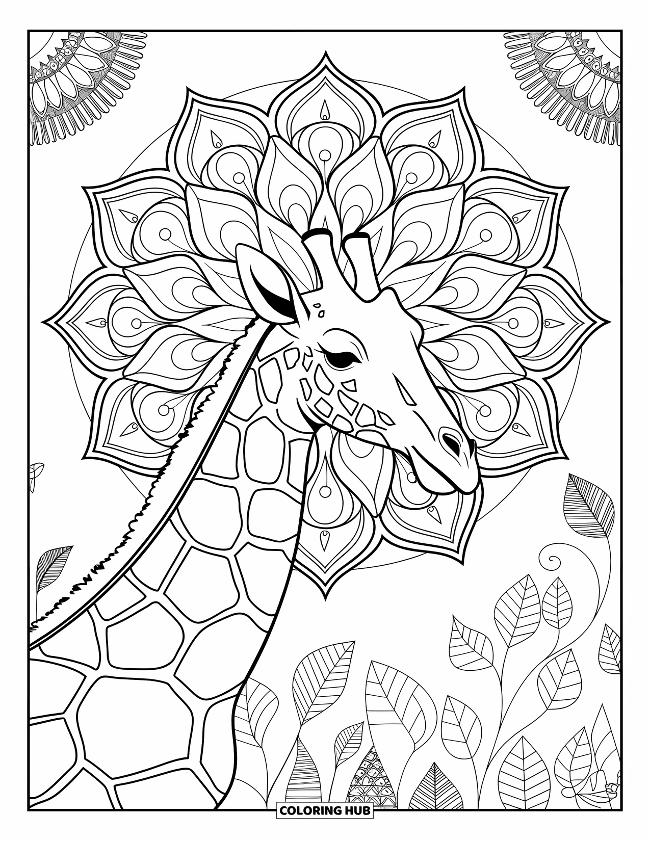 Disegno di giraffa da colorare per adulti: una giraffa splendidamente decorata su un grande mandala dettagliato con motivi floreali