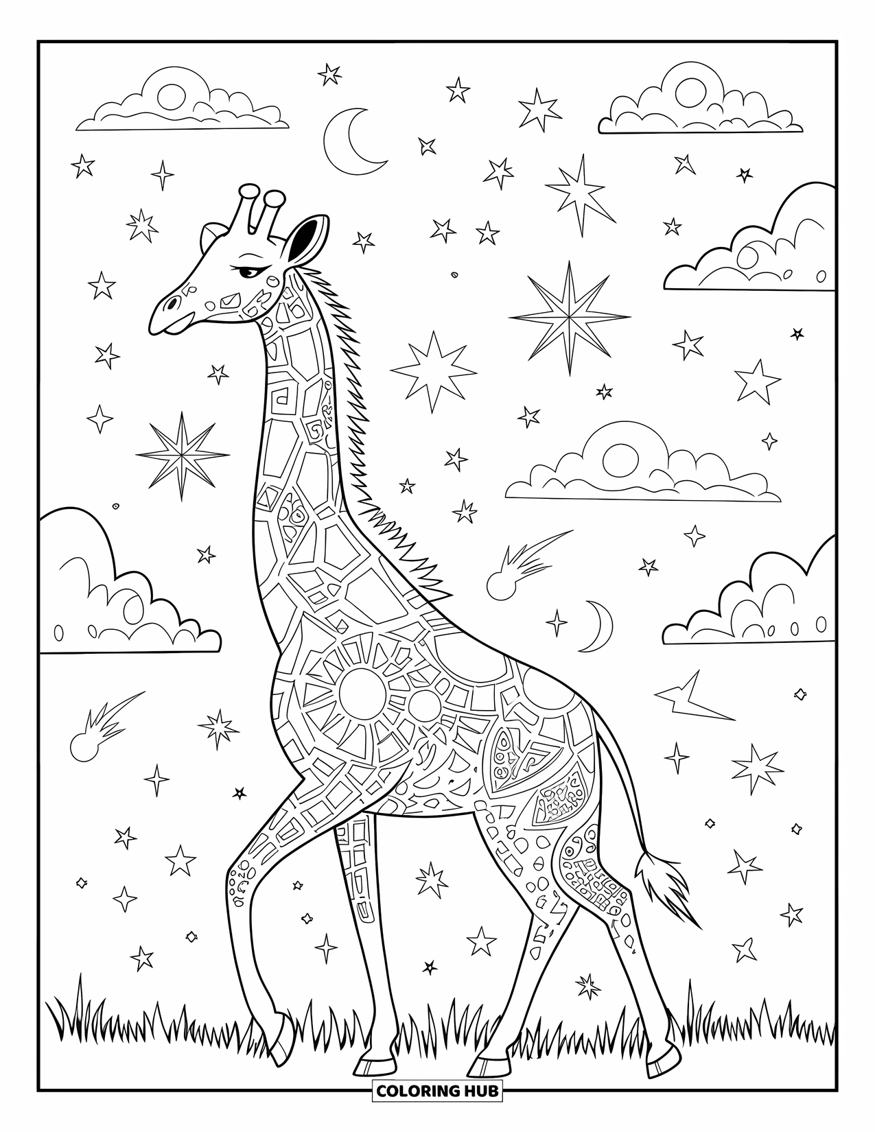 Disegno di giraffa da colorare per adulti: una giraffa celeste con motivi intricati, ambientata in un cielo pieno di stelle e comete