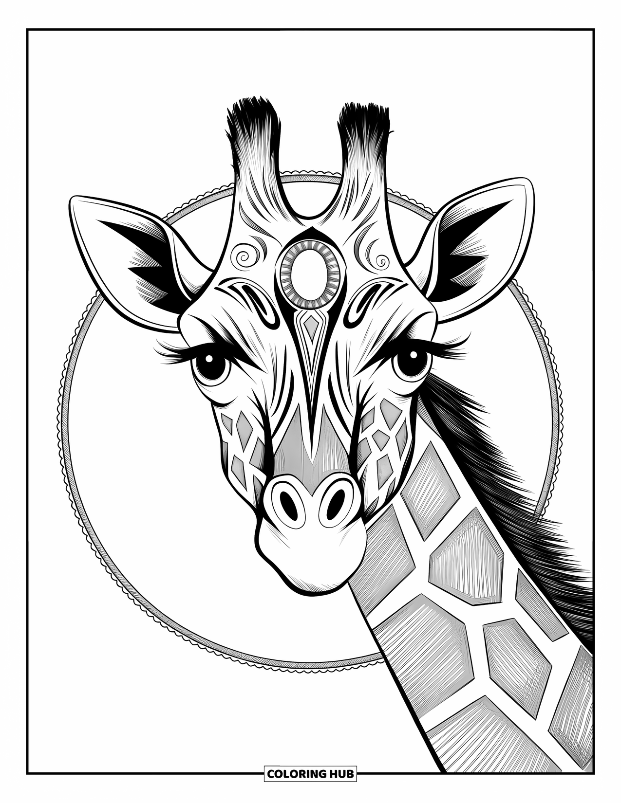 Disegno di giraffa da colorare per adulti: un primo piano del volto di una giraffa, decorato con intricati segni tribali