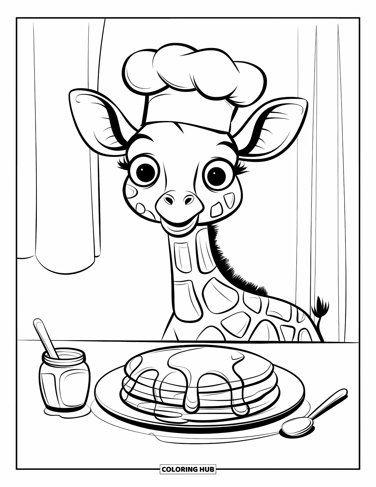Disegno di giraffa da colorare per adulti: una giraffa curiosa con un cappello da chef siede accanto a pancake, miele e un cucchiaio
