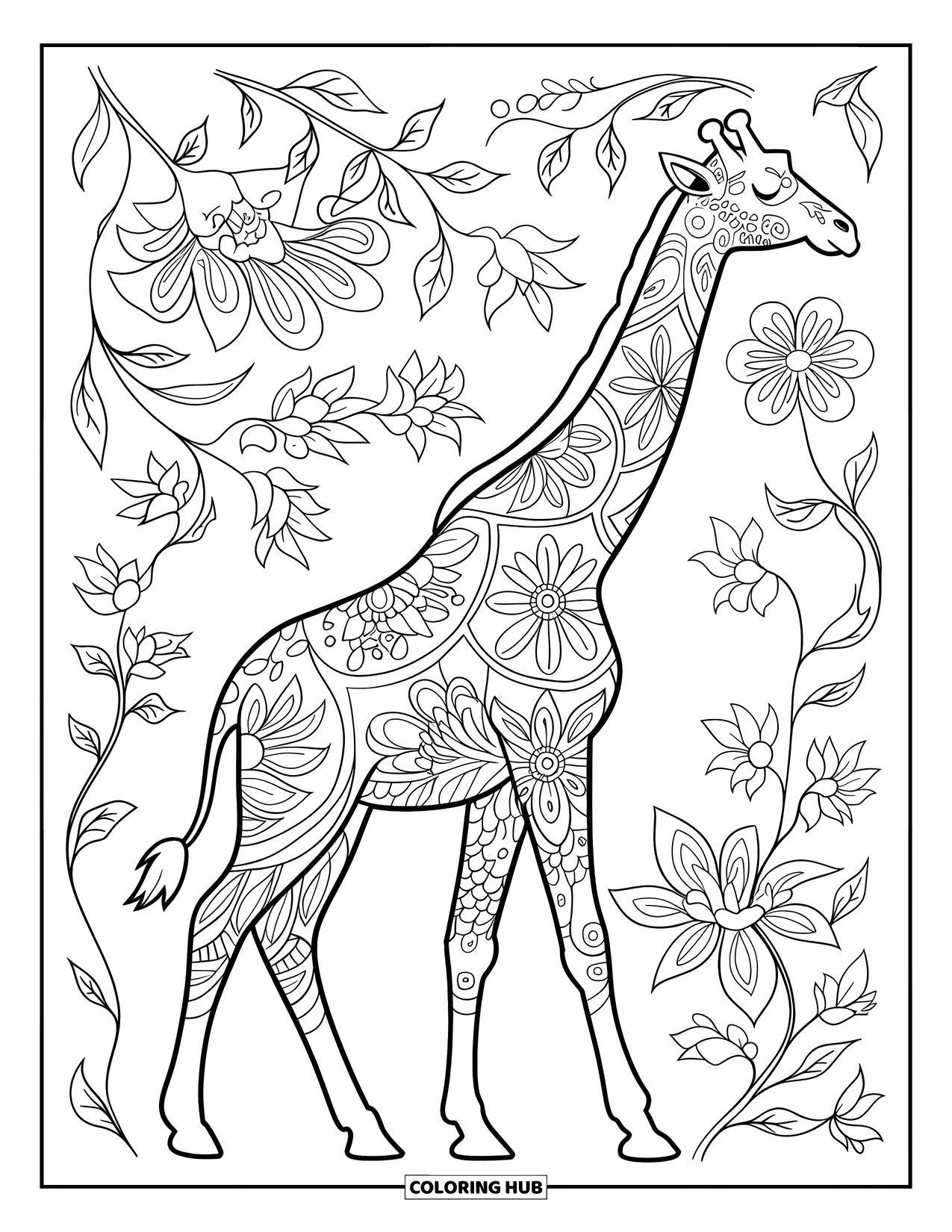 Disegno di giraffa da colorare per adulti: una giraffa decorativa circondata da fiori e viti intricati in una scena artistica