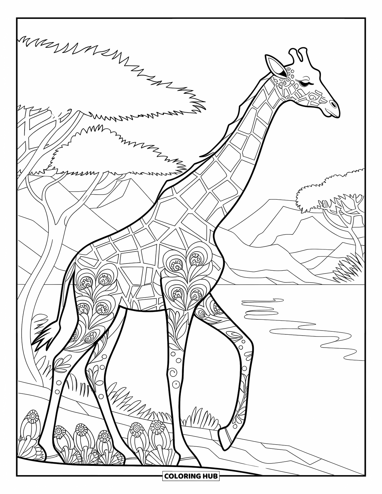 Disegno di giraffa da colorare per adulti: una giraffa dettagliata in un paesaggio sereno, circondata da una vegetazione lussureggiante e un terreno roccioso
